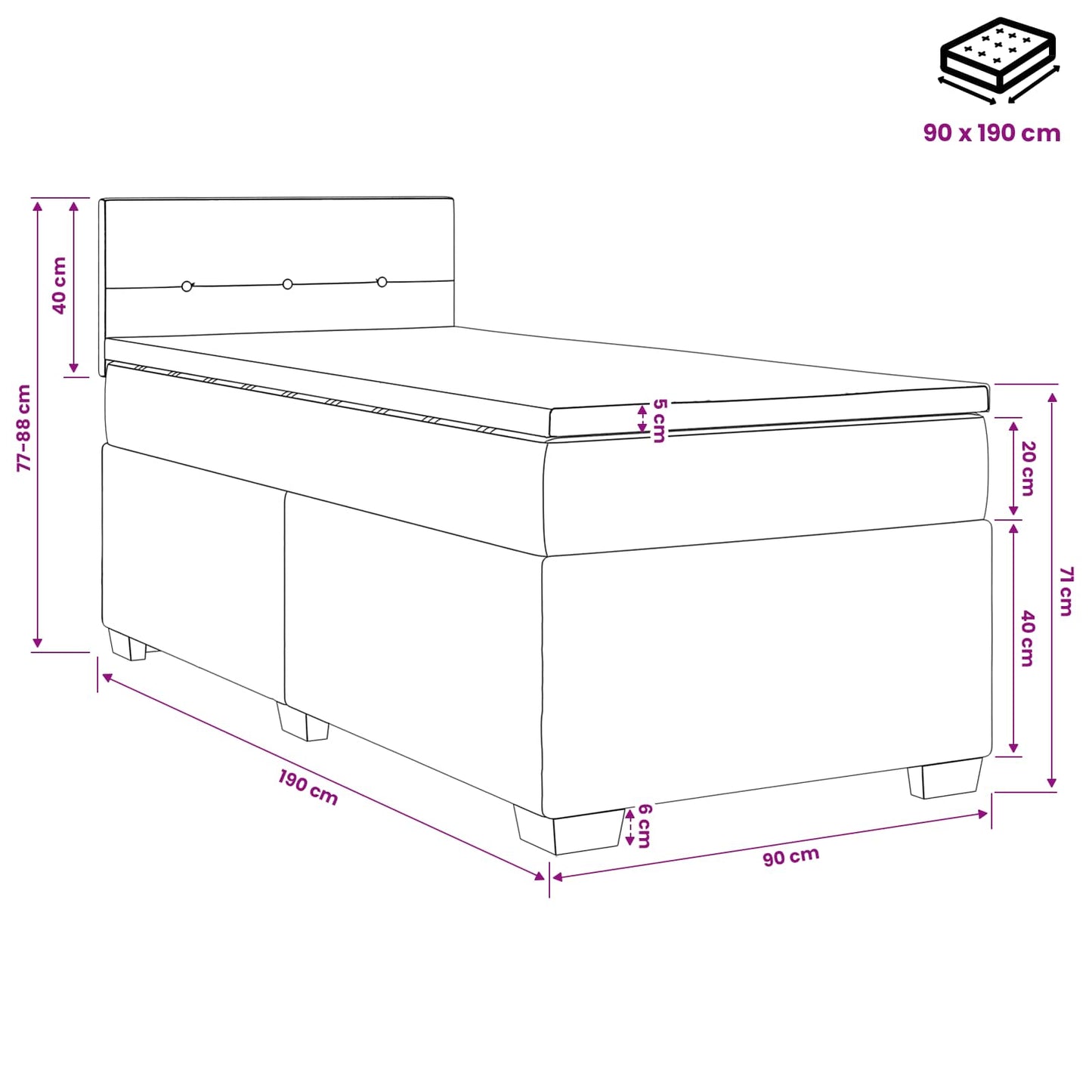 Boxmadras med topmadras Cremefarvet 90 x 190 cm Stof