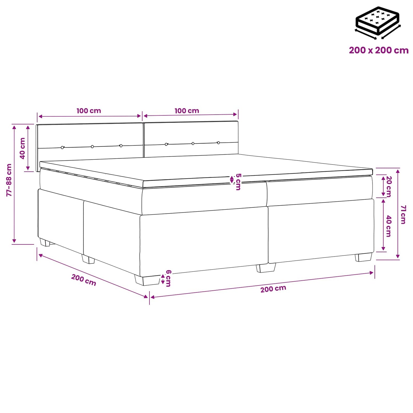 Boxmadras med topmadras Mørk Brun 200 x 200 cm Stof