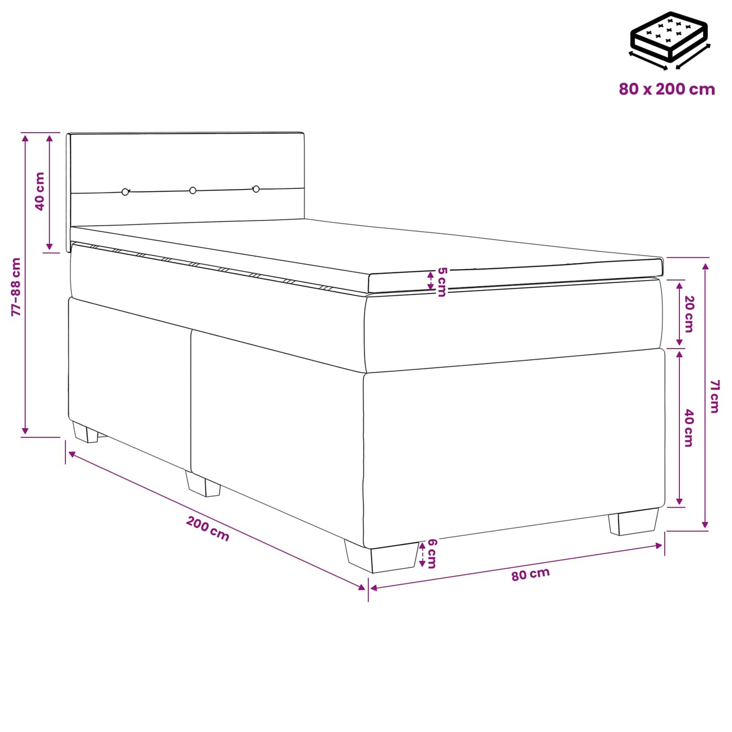 Boxmadras med topmadras Lyserød 80 x 200 cm Fløjl