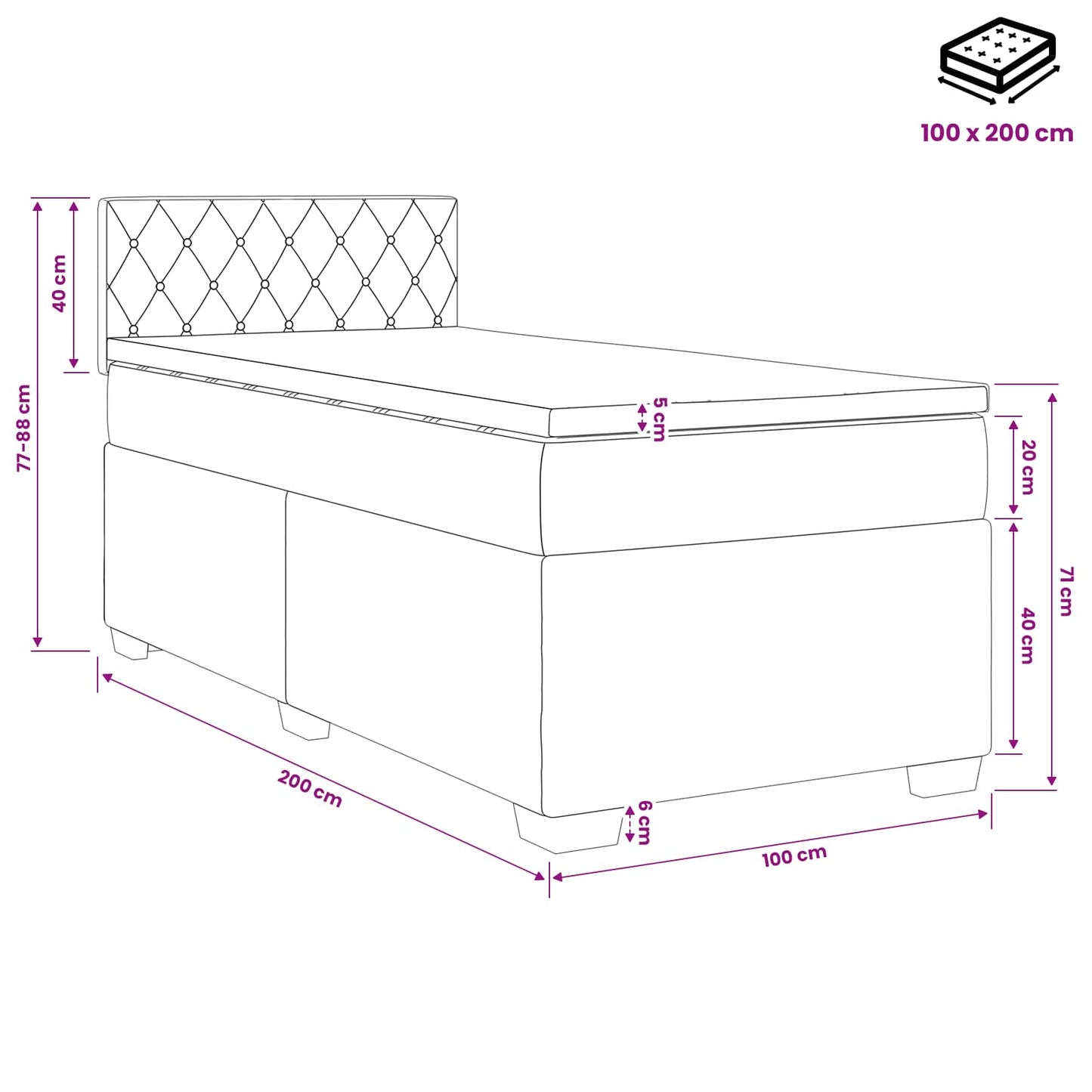 Boxmadras med topmadras Lyserød 100 x 200 cm Fløjl