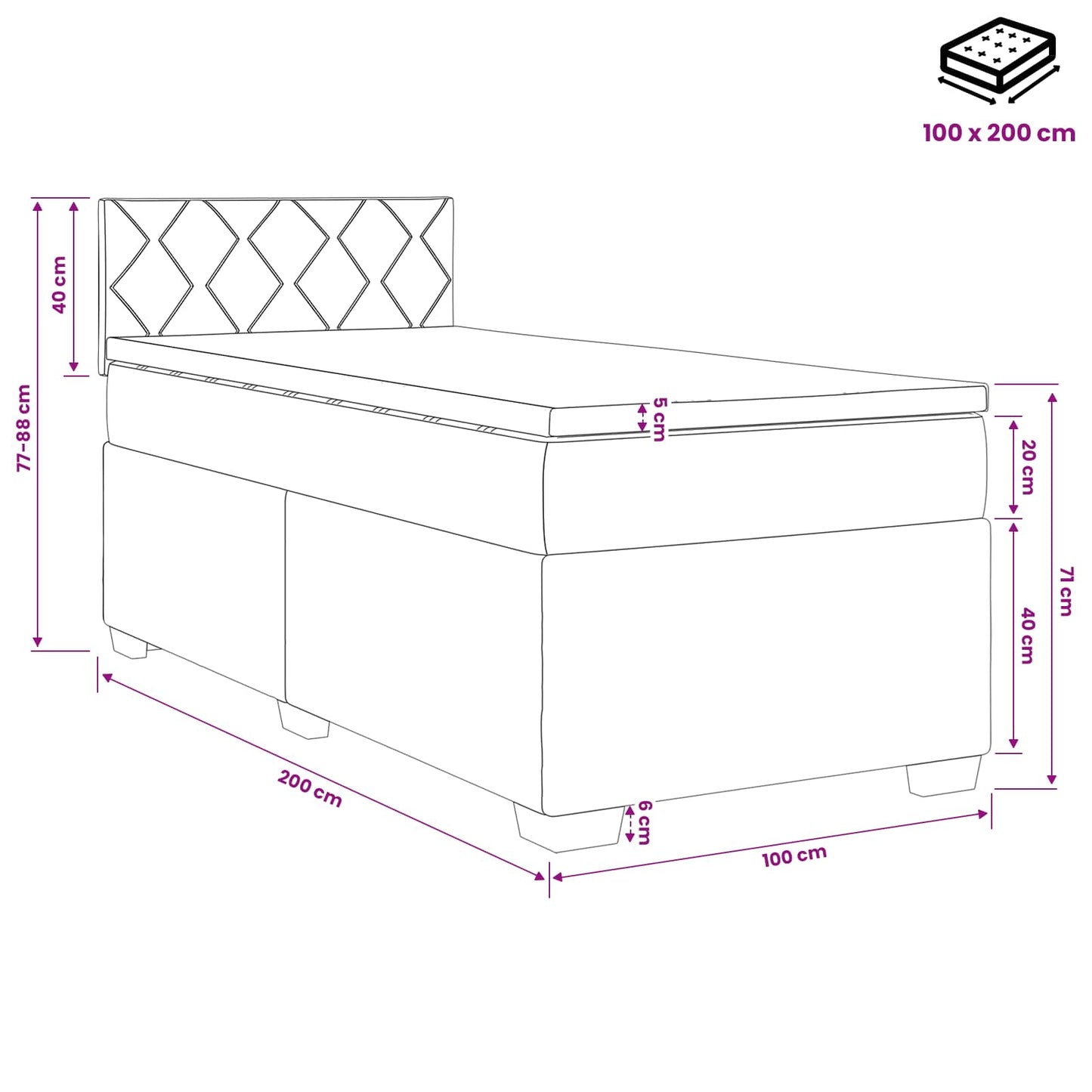 Boxmadras med topmadras Mørkegrå 100 x 200 cm Fløjl
