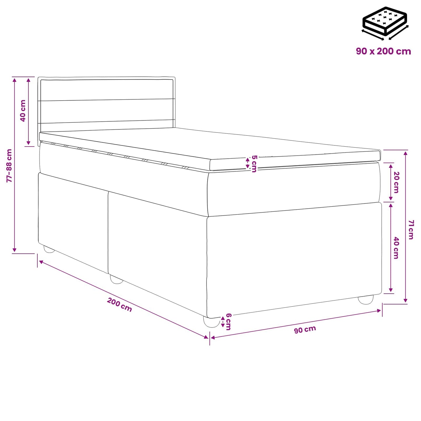 Boxmadras med topmadras med hovedgærde Sort 90 x 200 cm Stof