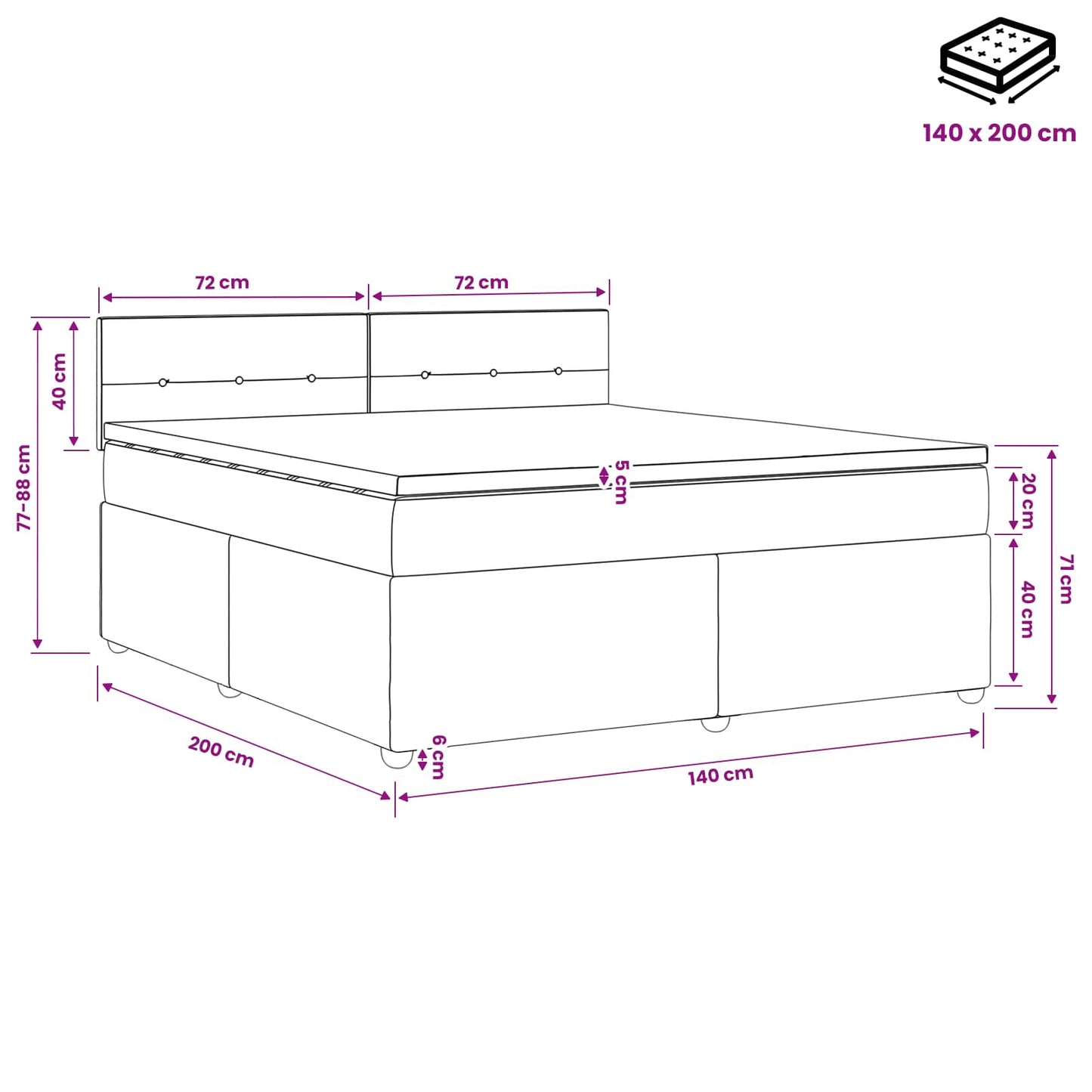 Boxmadras med topmadras med hovedgærde Sort 140 x 200 cm Stof