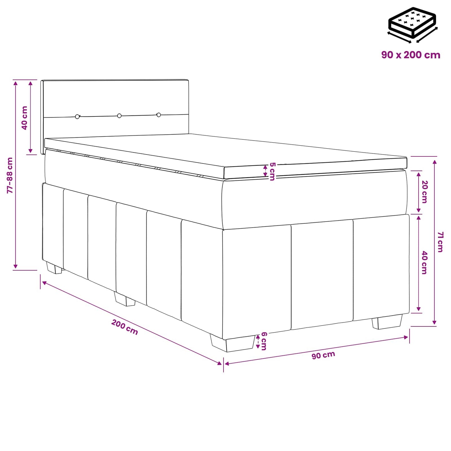Boxmadras med topmadras Cremefarvet 90 x 200 cm Stof