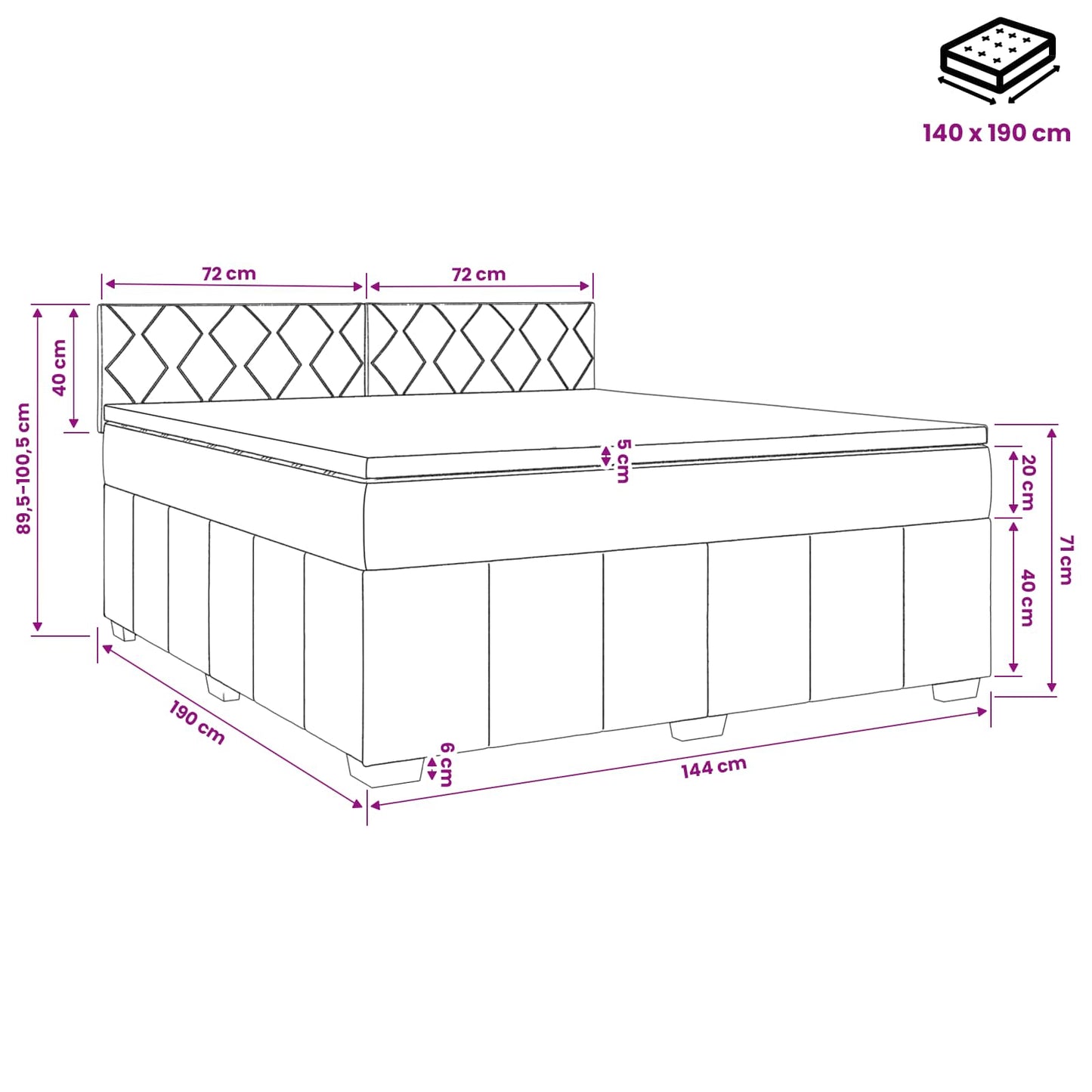 Boxmadras med topmadras Lysegrå 140 x 190 cm Stof