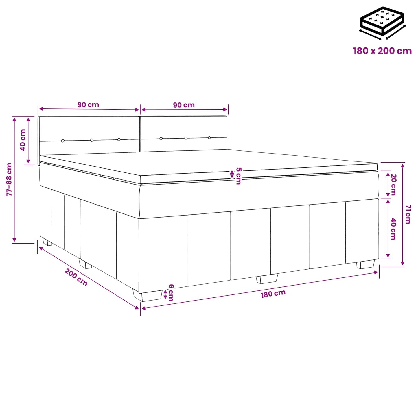 Boxmadras med topmadras Mørkegrå 180 x 200 cm Stof