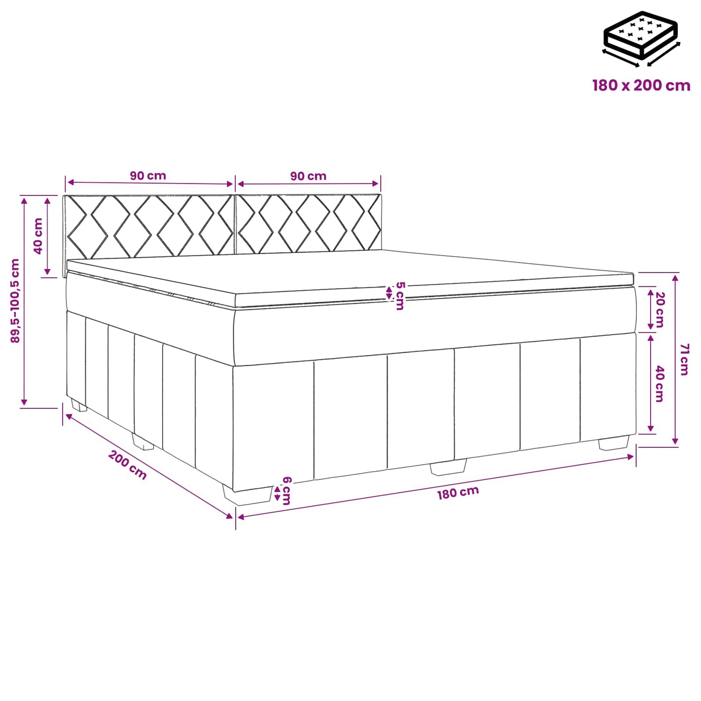 Boxmadras med topmadras med hovedgærde Sort 180 x 200 cm Stof