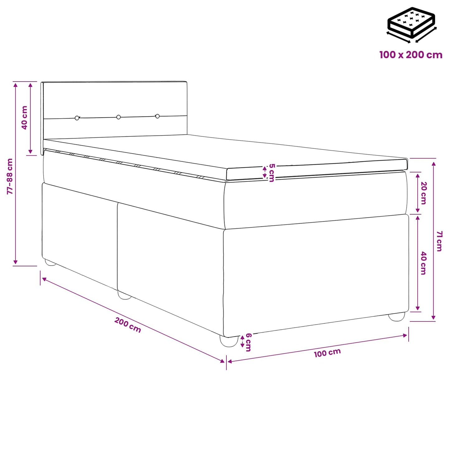Boxmadras med topmadras Lyserød 100 x 200 cm Fløjl
