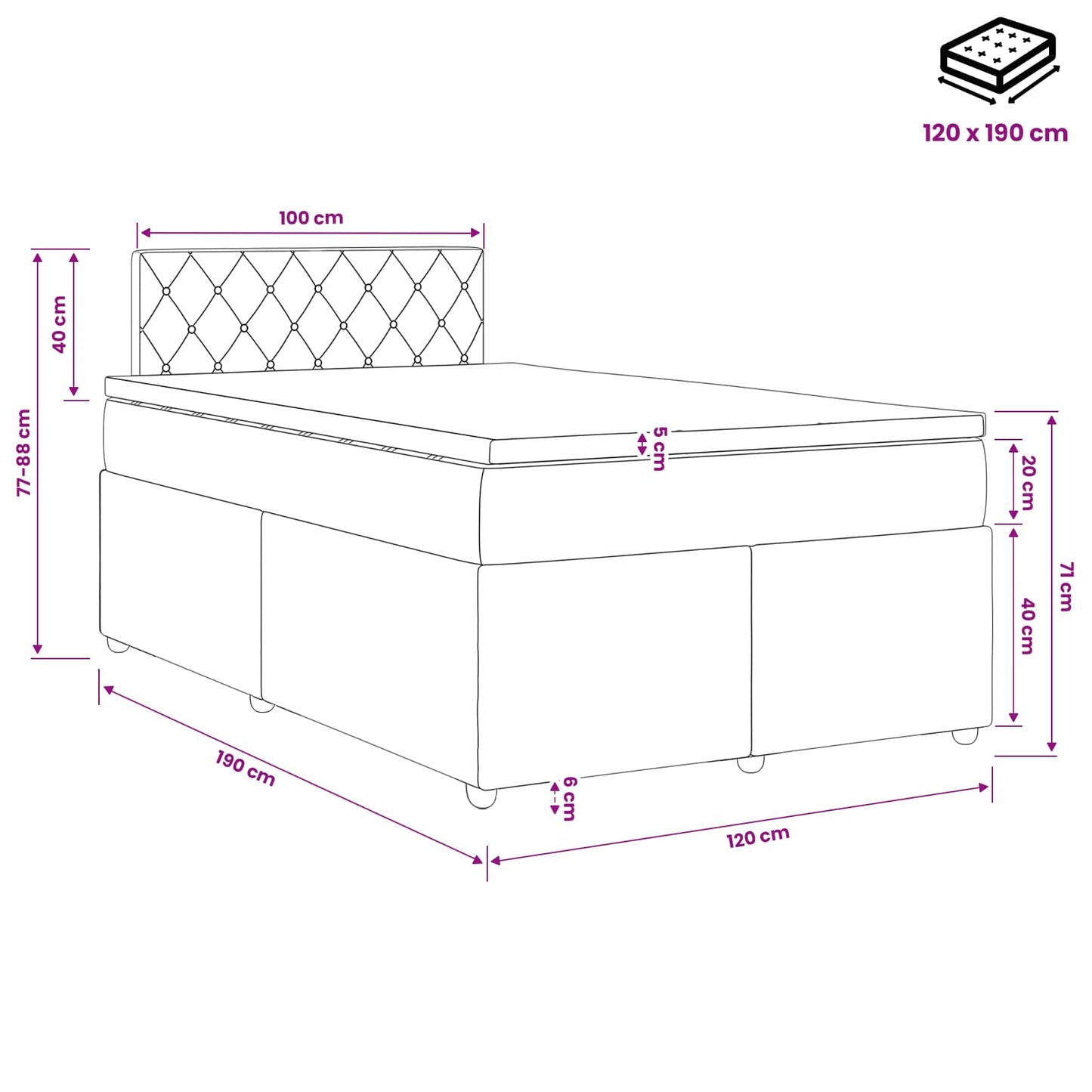 Boxmadras med topmadras Lyserød 120 x 190 cm Fløjl