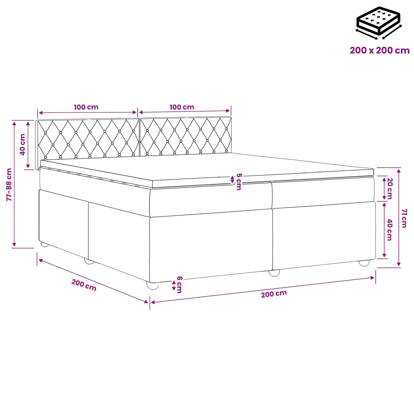 Boxmadras med topmadras med hovedgærde Sort 200 x 200 cm Fløjl