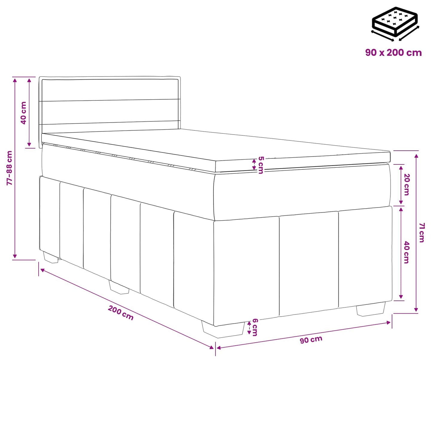 Boxmadras med topmadras Mørkegrå 90 x 200 cm Stof