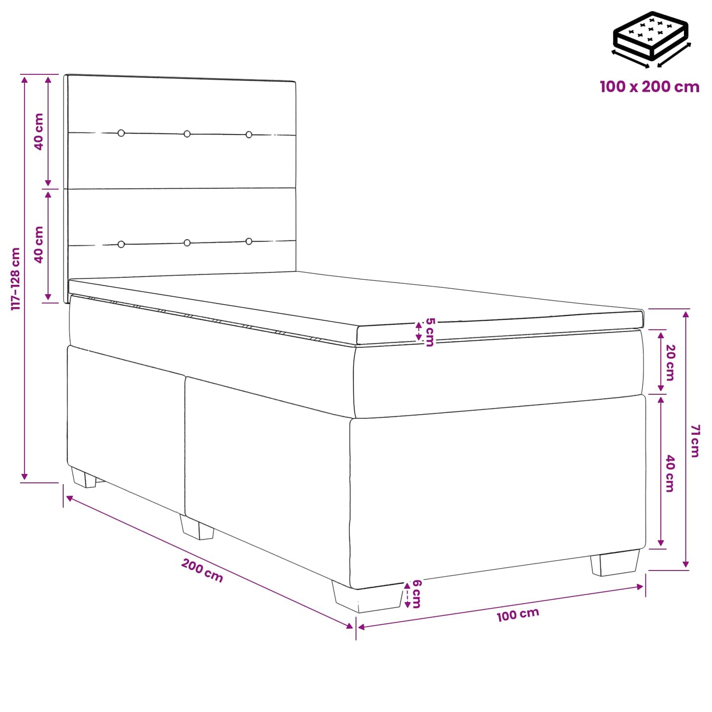 Boxmadras med topmadras Mørkegrå 100 x 200 cm Stof