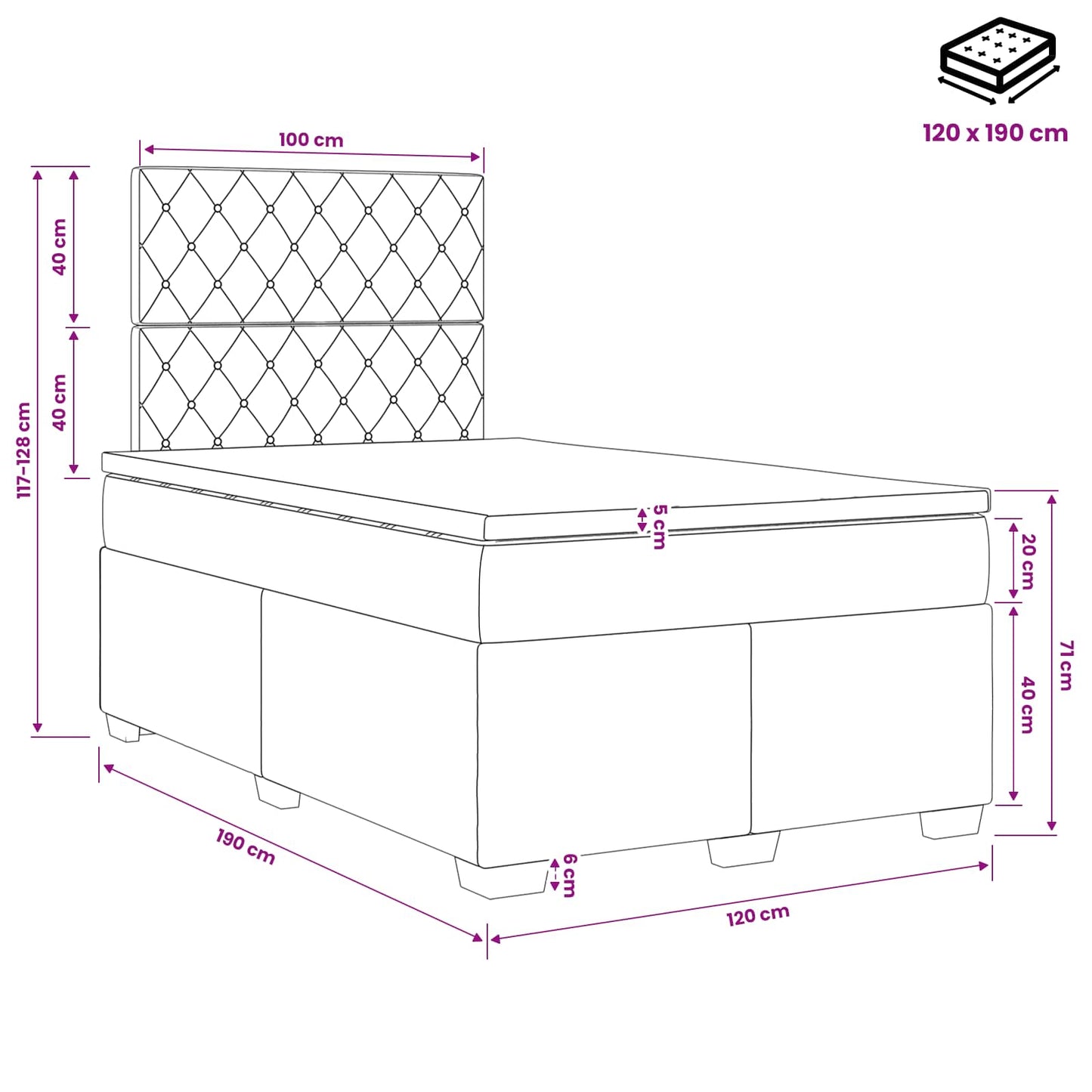Boxmadras med topmadras med hovedgærde Blå 120 x 190 cm Fløjl