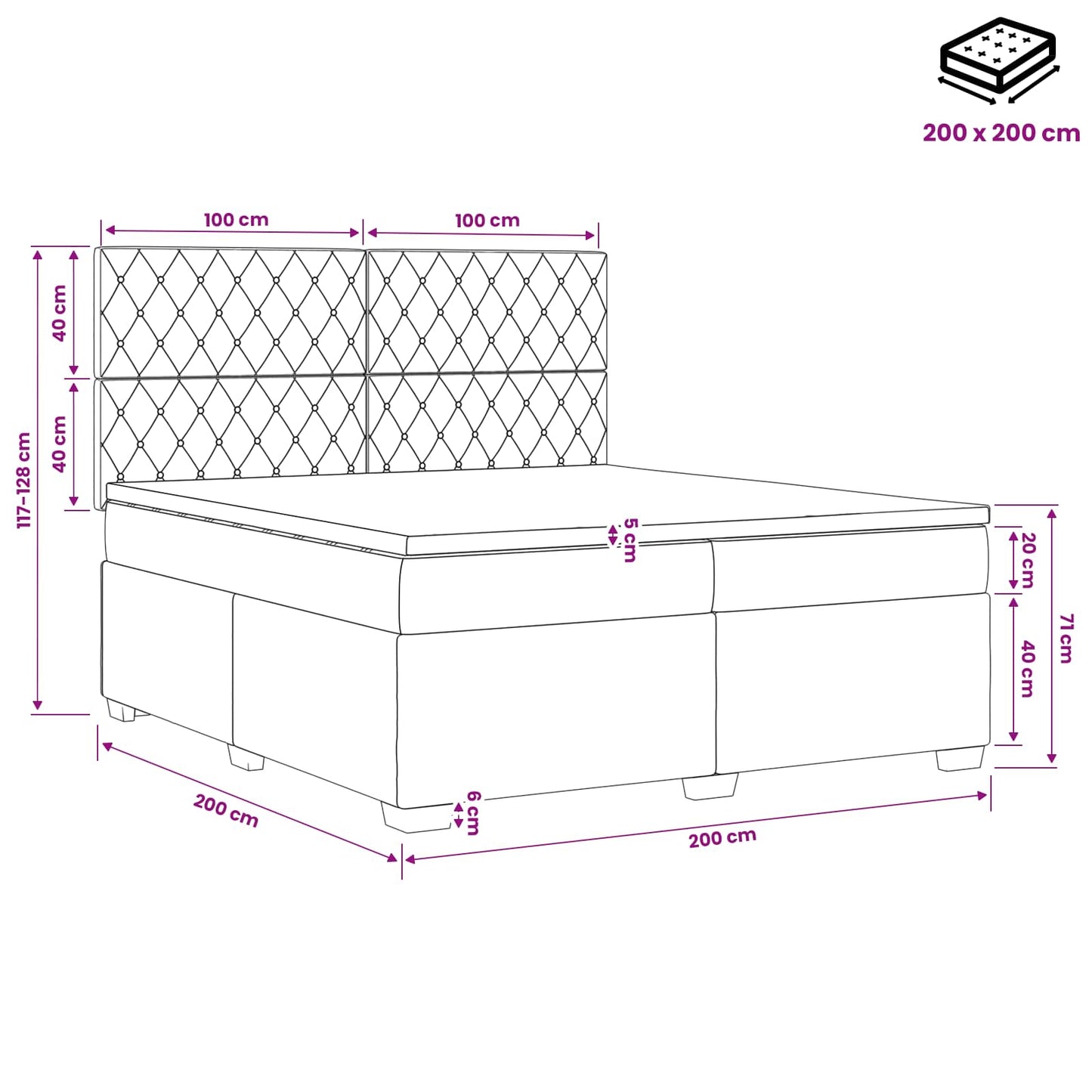 Boxmadras med topmadras Lyserød 200 x 200 cm Fløjl