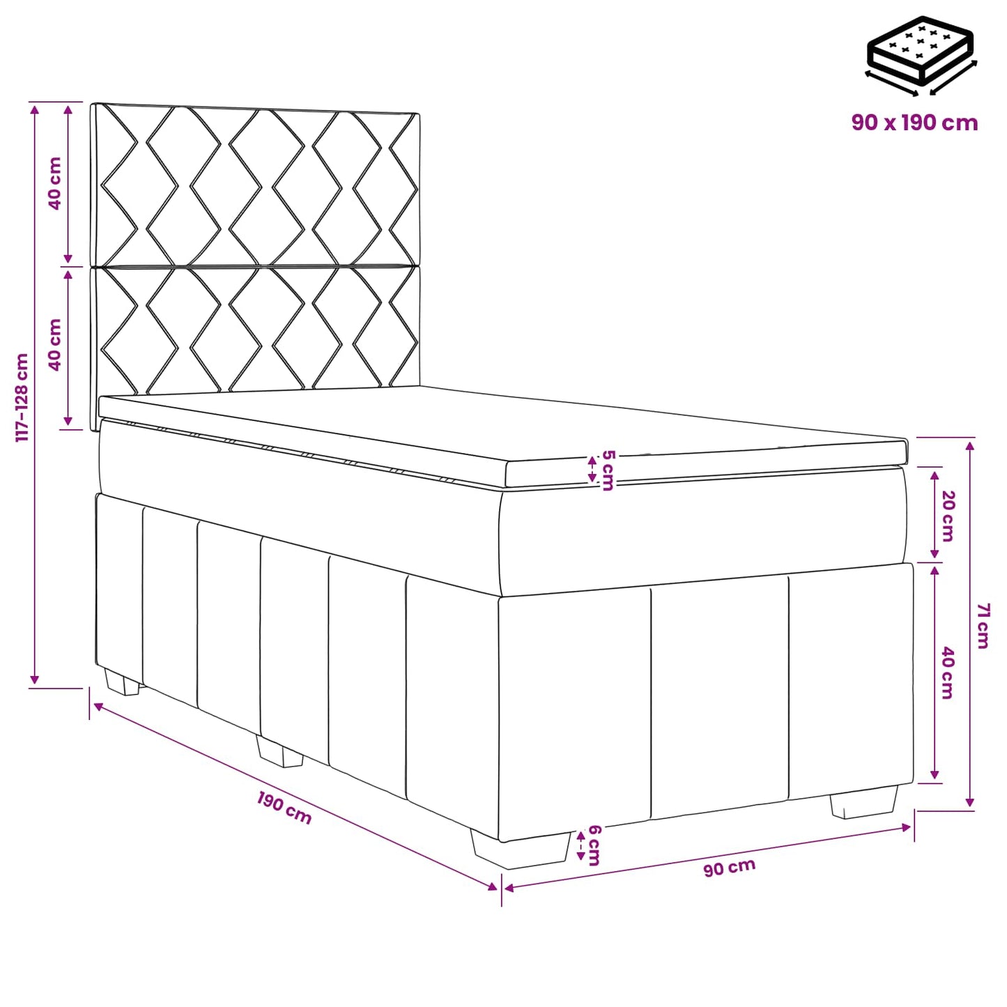 Boxmadras med topmadras Mørkegrå 90 x 190 cm Stof