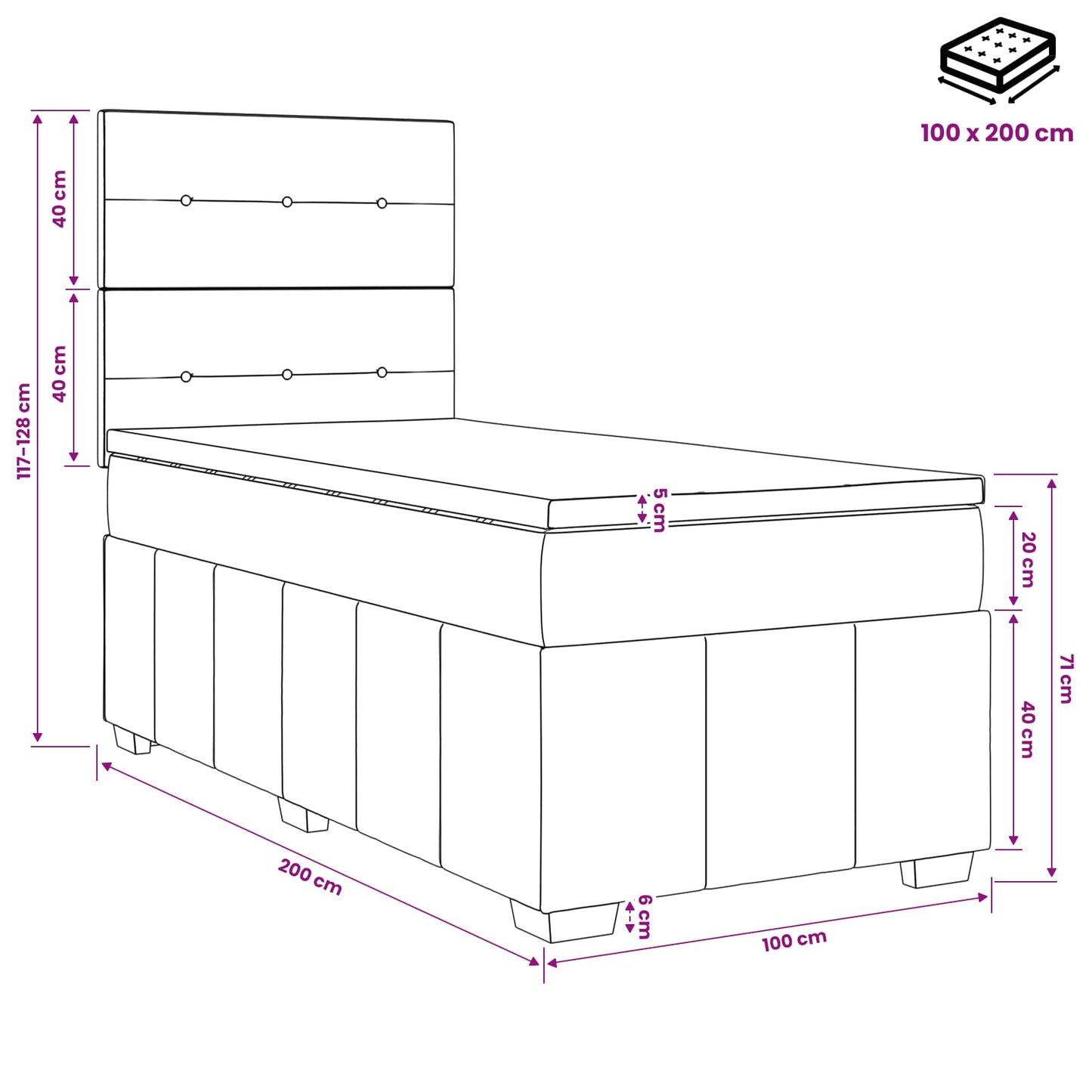 Boxmadras med topmadras Mørkegrå 100 x 200 cm Stof