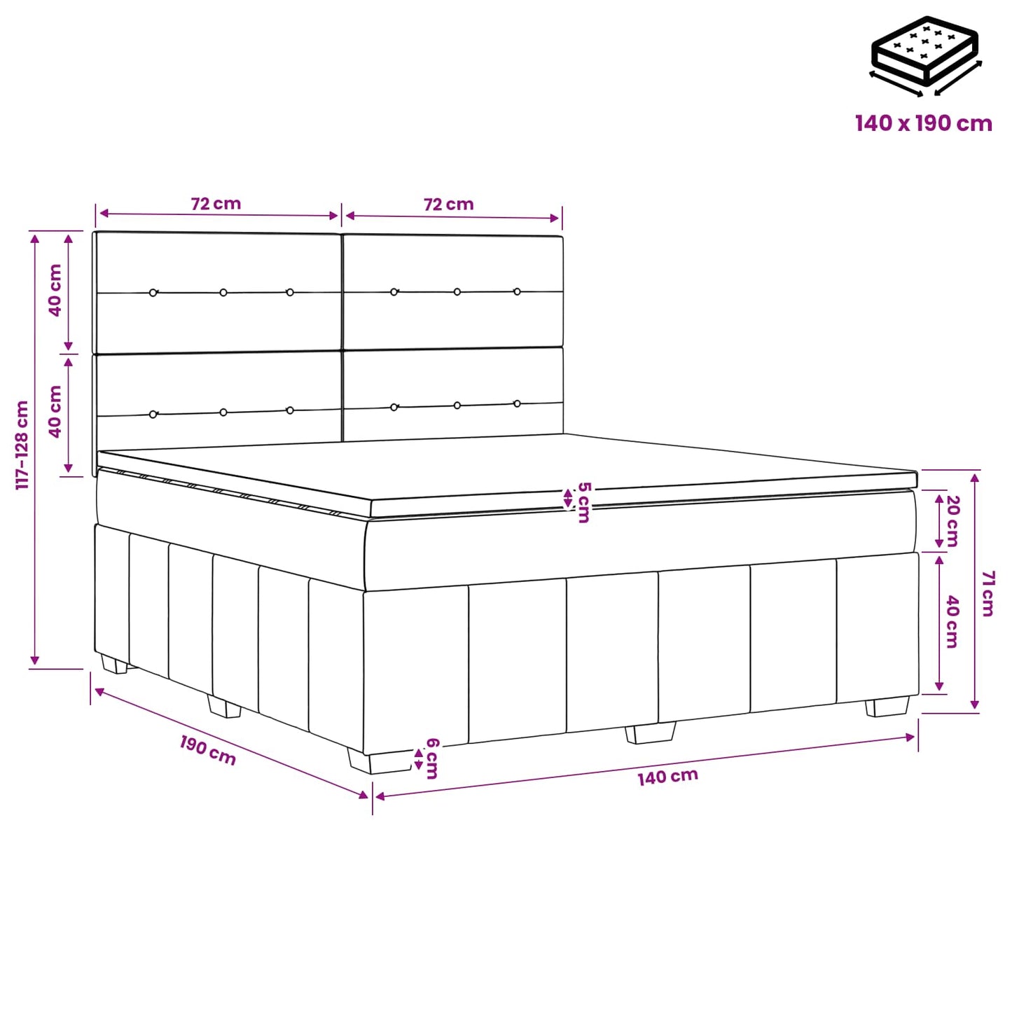 Boxmadras med topmadras med hovedgærde Sort 140 x 190 cm Stof