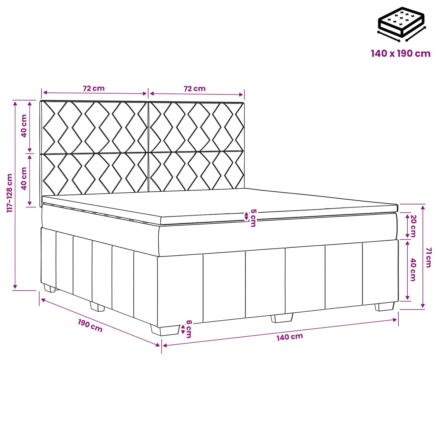 Boxmadras med topmadras med hovedgærde Sort 140 x 190 cm Stof