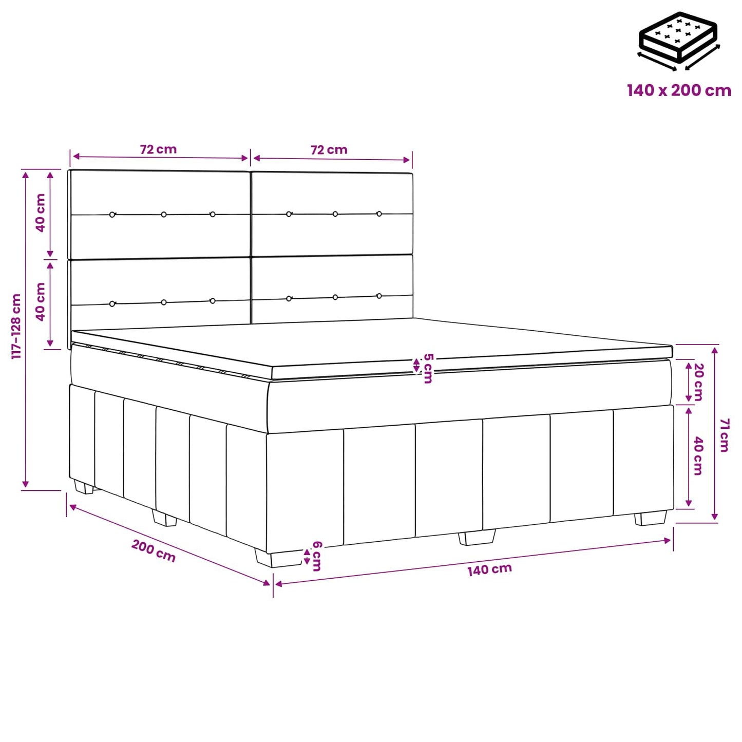 Boxmadras med topmadras med hovedgærde Sort 140 x 200 cm Stof