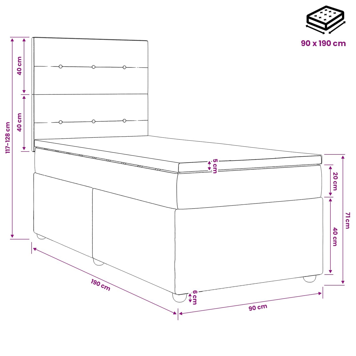 Boxmadras med topmadras Mørkegrå 90 x 190 cm Stof