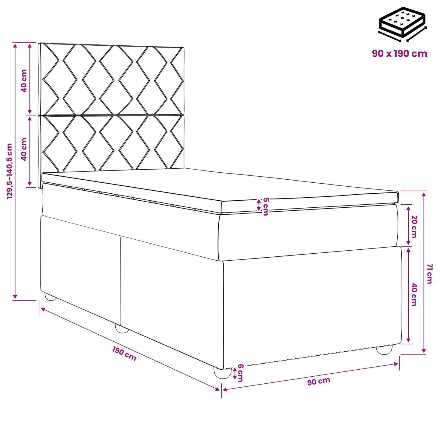 Boxmadras med topmadras med hovedgærde Sort 90 x 190 cm Stof