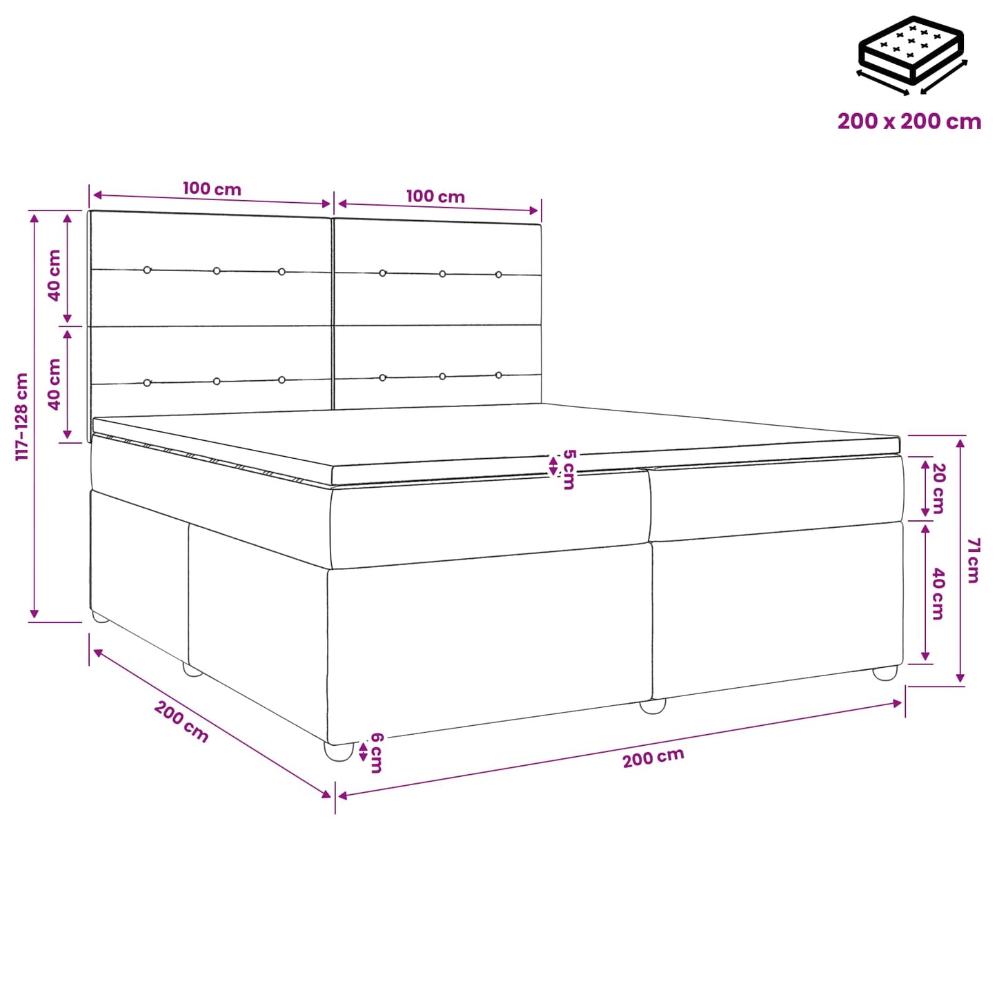 Boxmadras med topmadras Mørk Brun 200 x 200 cm Stof