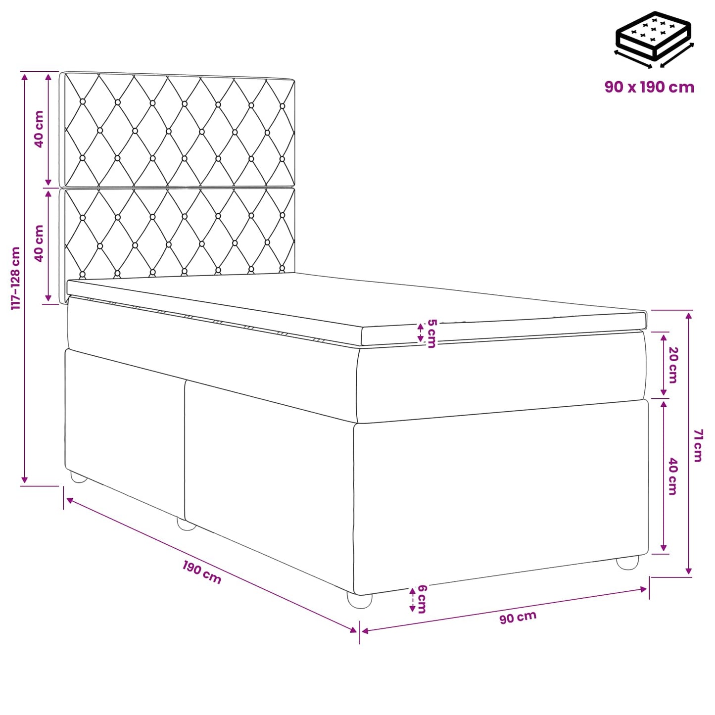 Boxmadras med topmadras Lyserød 90 x 190 cm Fløjl