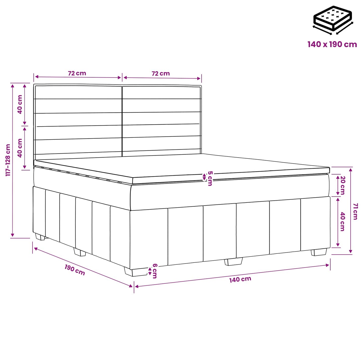 LED boksmadrasseng med madras Cremefarvet 140 x 190 cm Stof