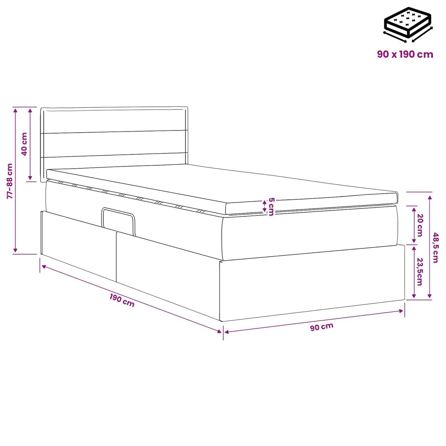 Seng med opbevaring og madras Sort 90 x 190 cm Fløjl