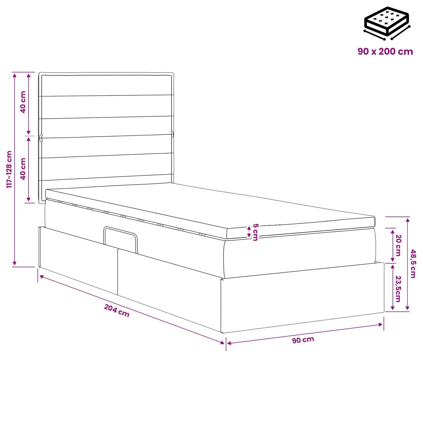Seng med opbevaring og madras Sort 90 x 200 cm Stof