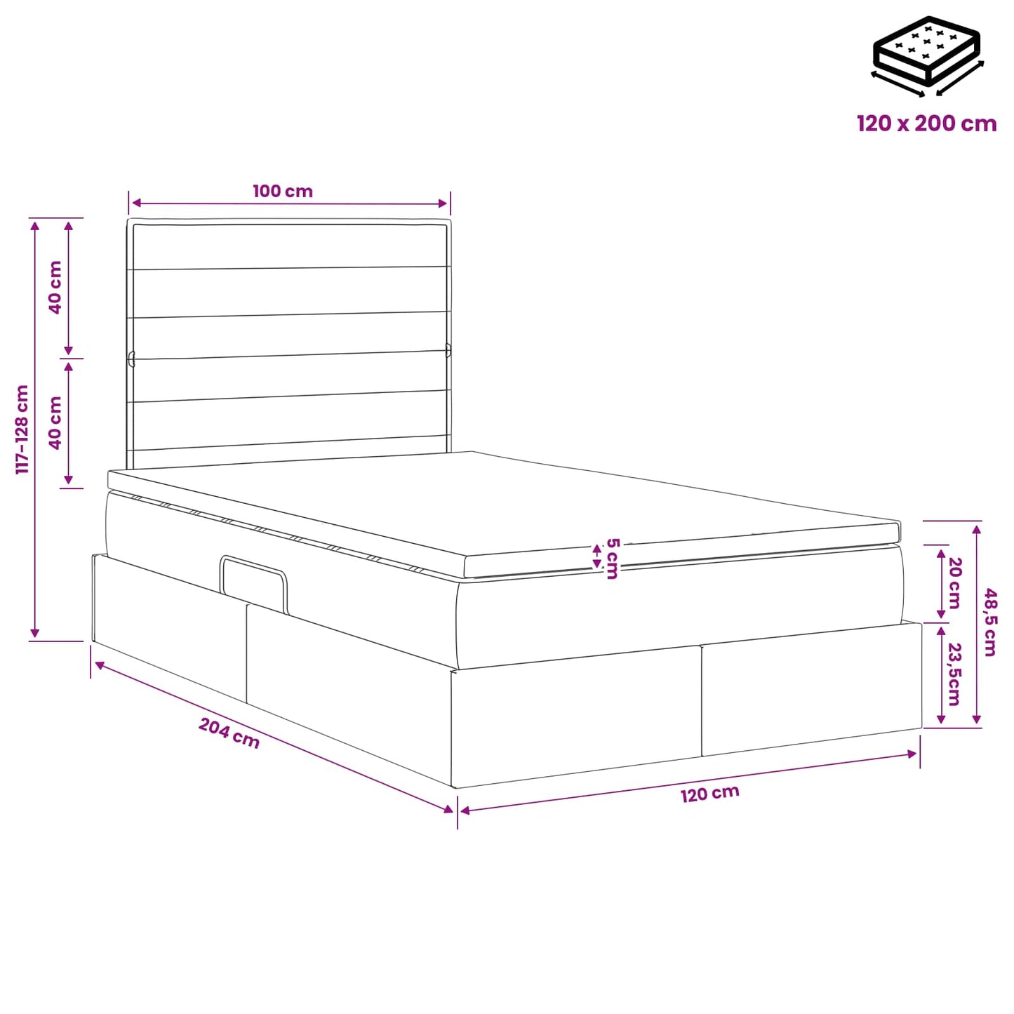 Seng med opbevaring og madras Cremefarvet 120 x 200 cm Stof