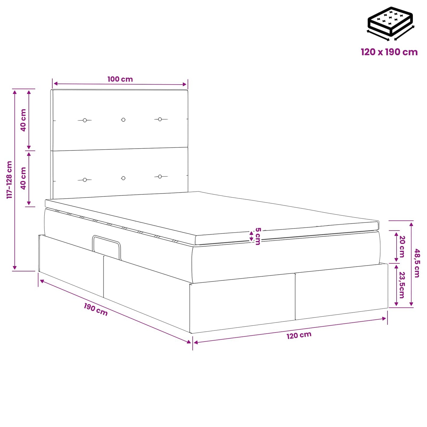 Seng med opbevaring og madras Cremefarvet 120 x 190 cm Stof