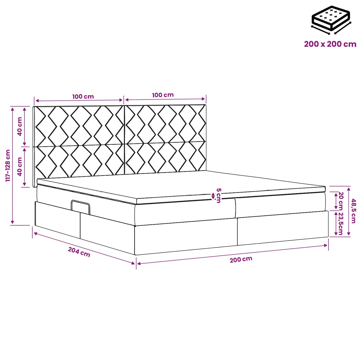 Seng med opbevaring og madras Sort 200 x 200 cm Stof