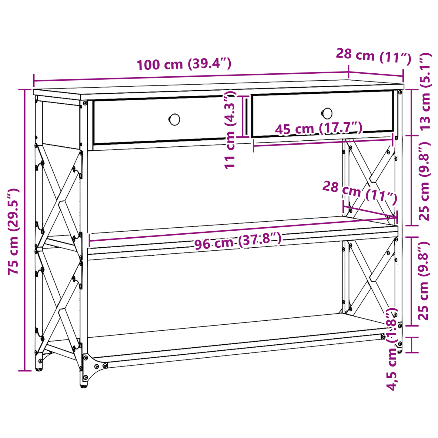 Konsol Bord Gammelt træ 100 x 28 x 75 cm Laminat træ og metal