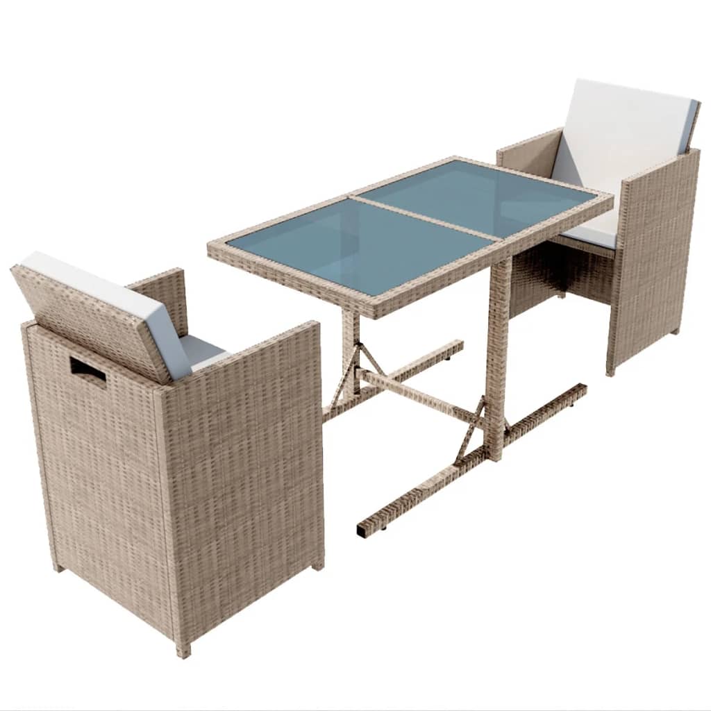 bistrosæt 3 dele med hynder polyrattan beige