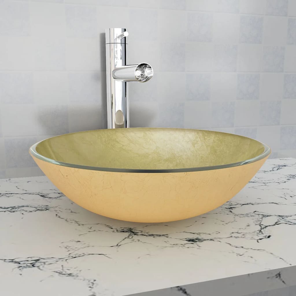 håndvask hærdet glas 42 cm guldfarvet