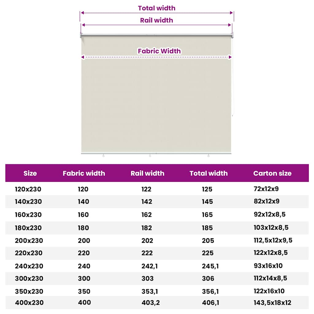 udendørs rullegardin 165 (B) x 230 (H) cm cremefarvet