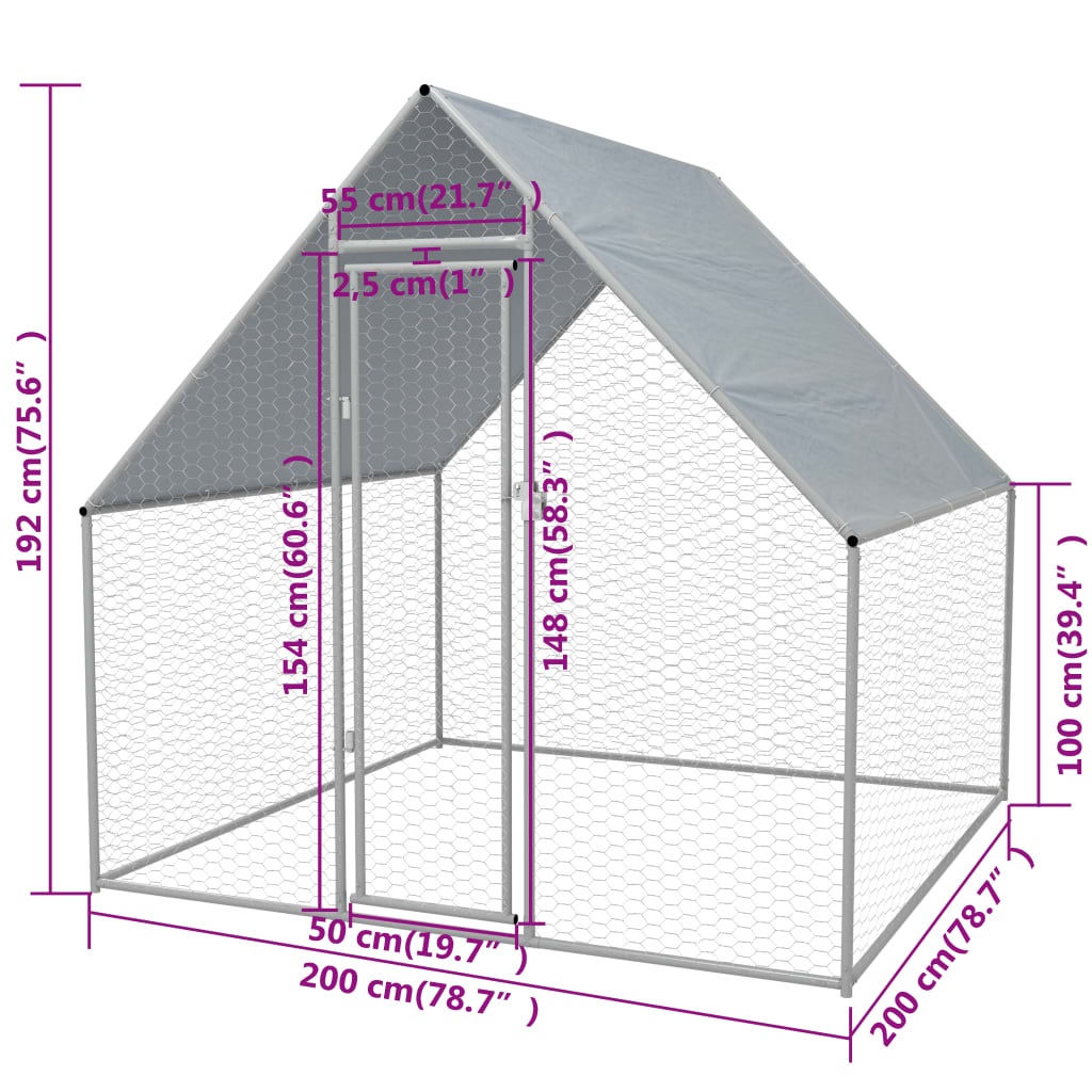 udendørs hønsebur galvaniseret stål 2 x 2 x 1,92 m