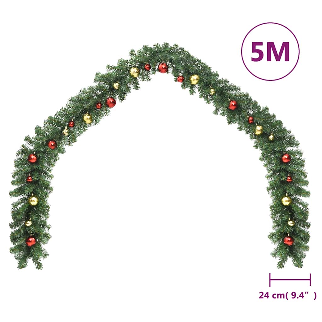 juleguirlande dekoreret med kugler og LED-lys 5 m