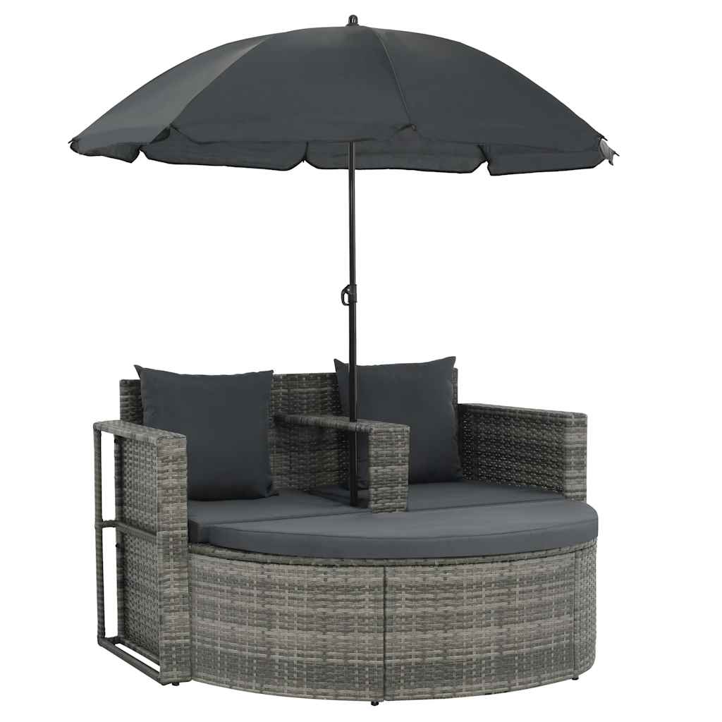 2-personers havesofa med hynder og parsol polyrattan grå