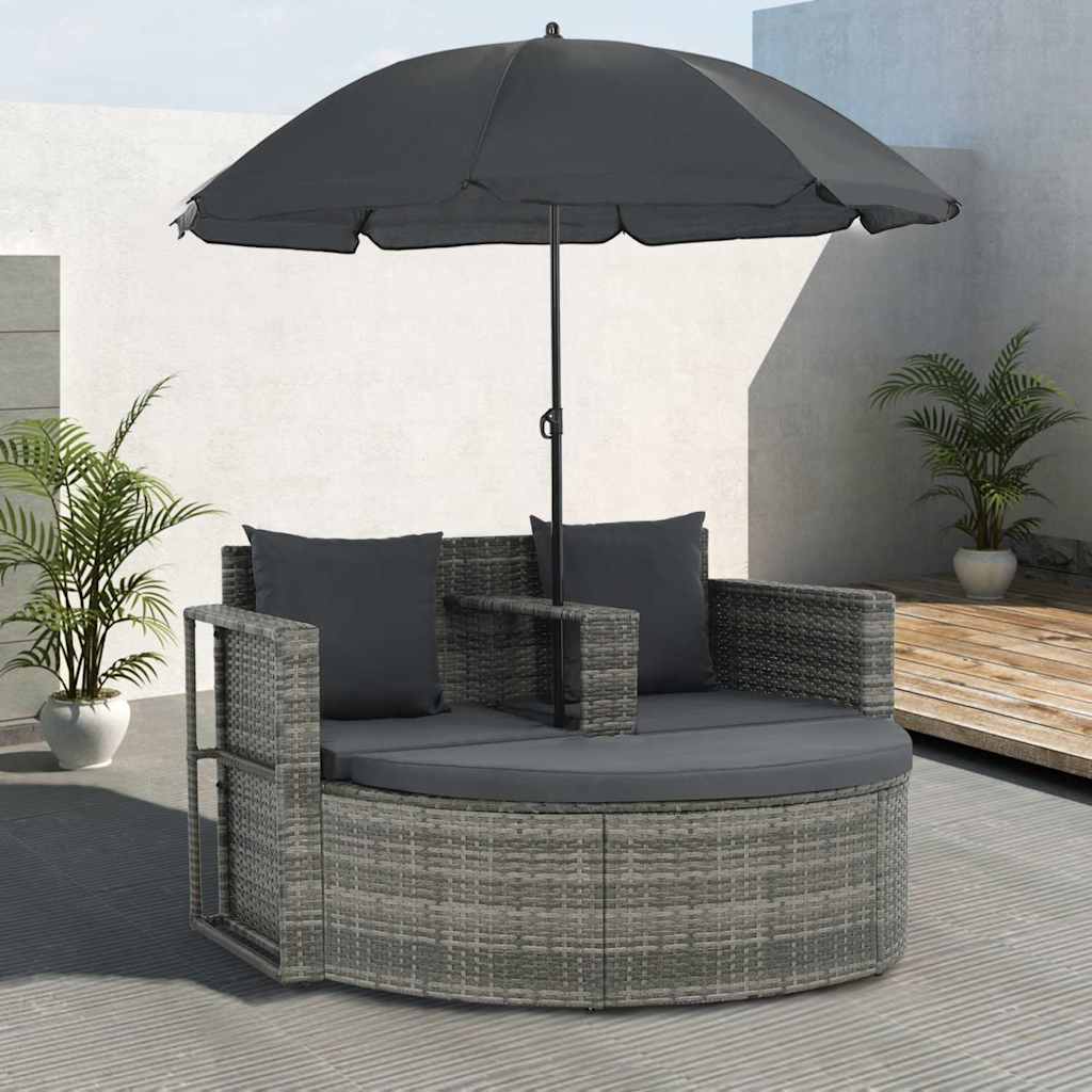 2-personers havesofa med hynder og parasol i polyrattan - grå