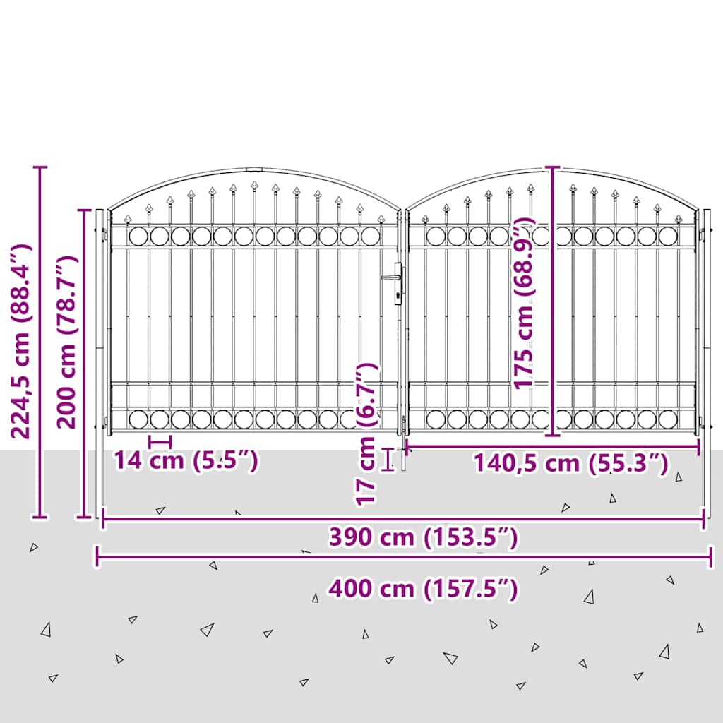 hegnslåge ASSEN dobbeltdør med buet top stål 400x175 cm