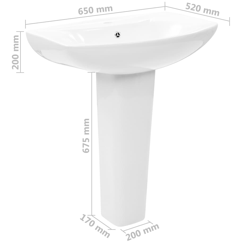 fritstående vask med piedestal keramik hvid 650 x 520 x 200 mm