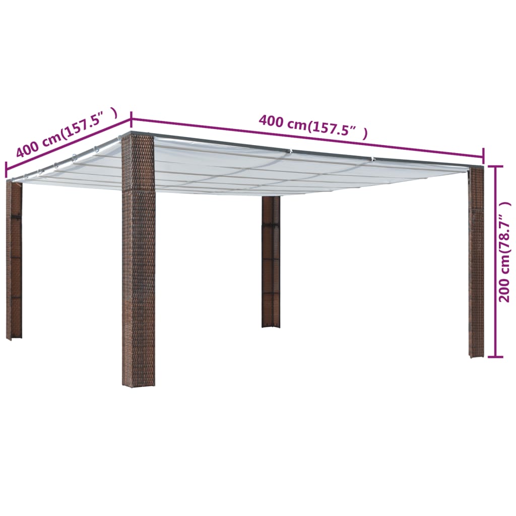 pavillon med tag polyrattan 400x400x200 cm brun cremefarvet