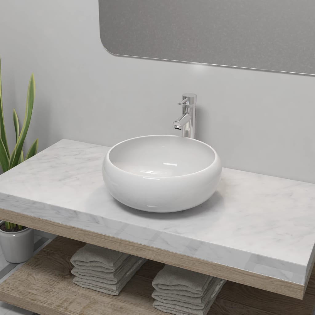 Rund håndvask i keramik med blandingsbatteri - hvid, Ø40 × 16 cm