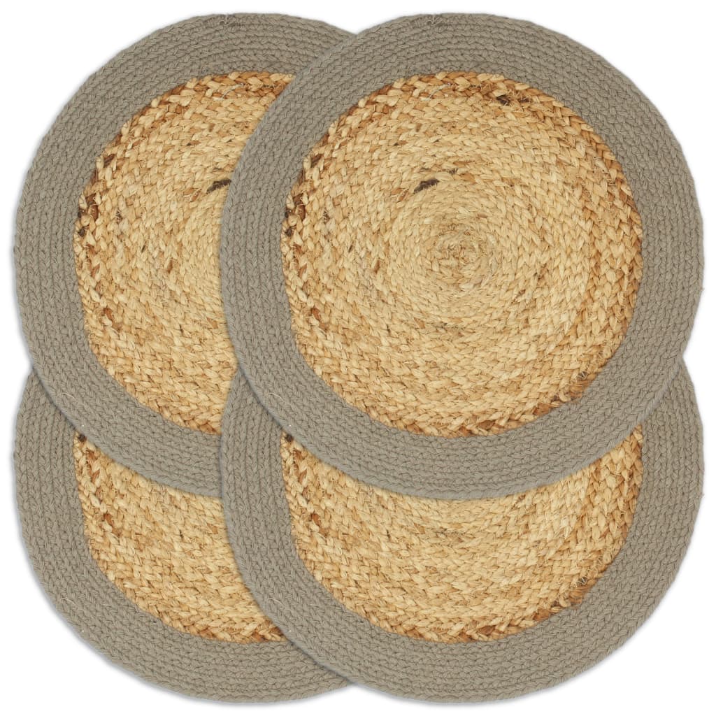 Dækkeservietter - 4 stk. Ø38 cm i jute og bomuld, natur/grå