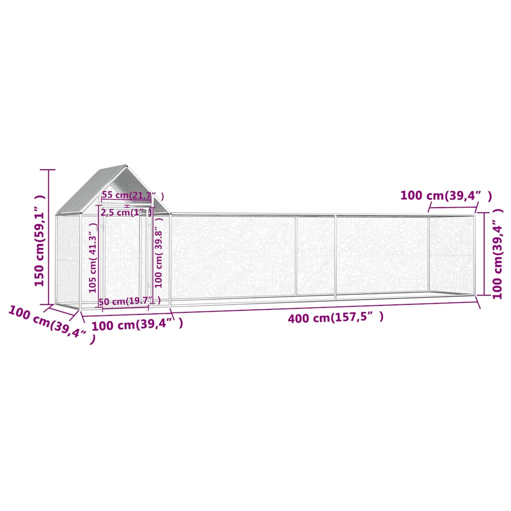 hønsegård 5x1x1,5 m galvaniseret stål