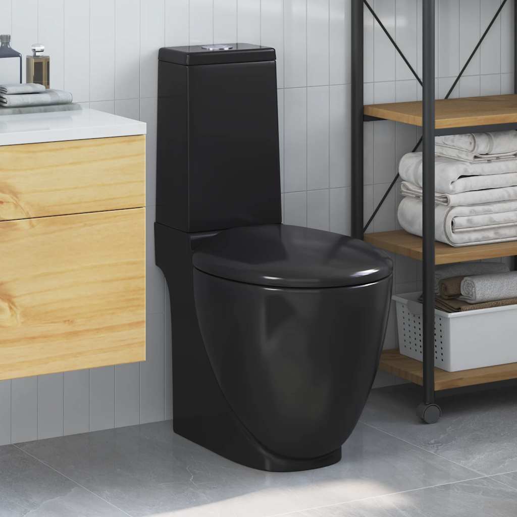 keramisk toilet med rund bund afløb i bunden sort billede