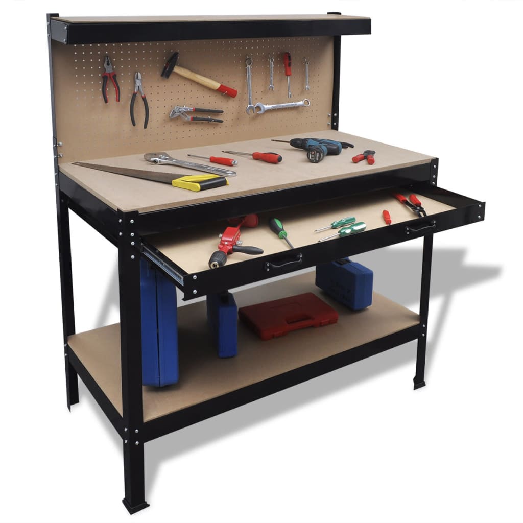 Arbejdsbænk med stiftplade og skuffe - stål og MDF, 115 × 55 × 140 cm