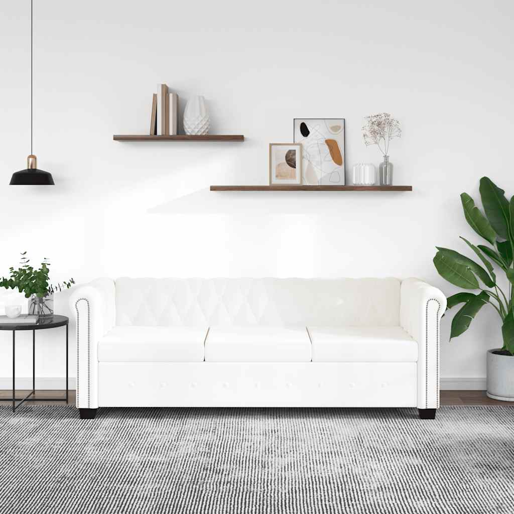 3-personers Chesterfield sofa kunstlæder hvid